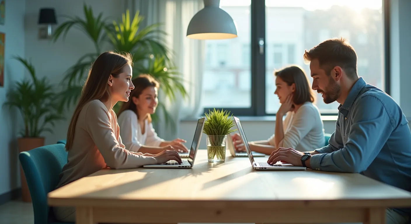 A small team collaborating around a table with laptops