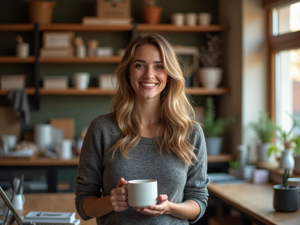 A relaxed business owner holding a coffee in their workshop office