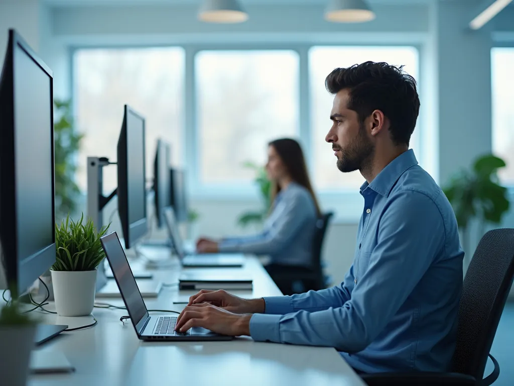 An employee working normally at a laptop in a bright office