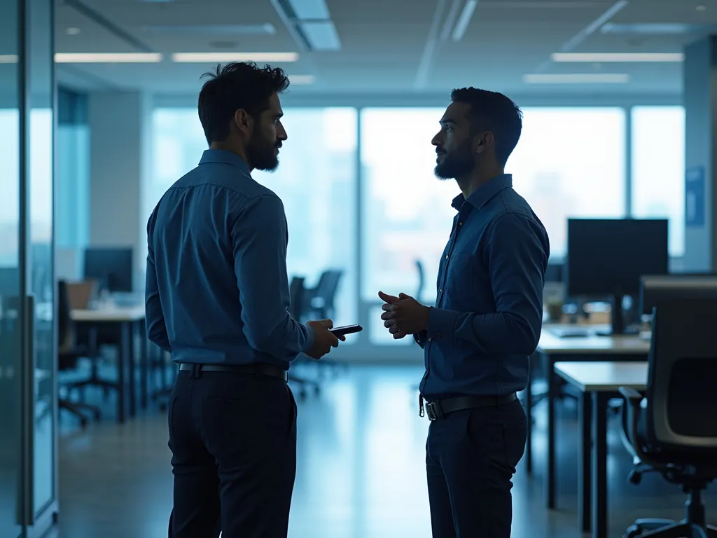 Two IT colleagues talking in a bright office