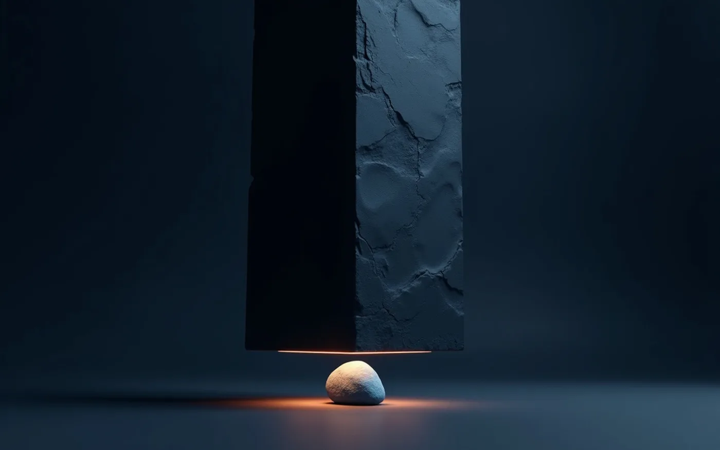 Abstract render of an enormous dark stone monolith pressing down on one small glowing pebble, a weight far out of scale with what sits beneath it