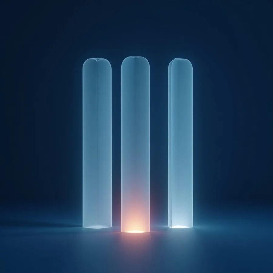 Abstract render of three translucent pale blue columns of light standing side by side, a warm orange glow caught and held inside the middle one