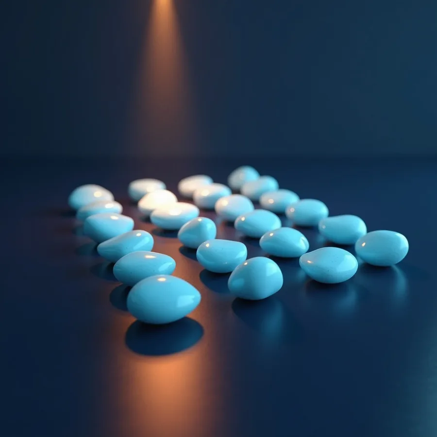 Abstract render of neat rows of softly glowing pale blue stones on a dark surface, a warm orange beam of light falling on them from above as if someone is keeping watch