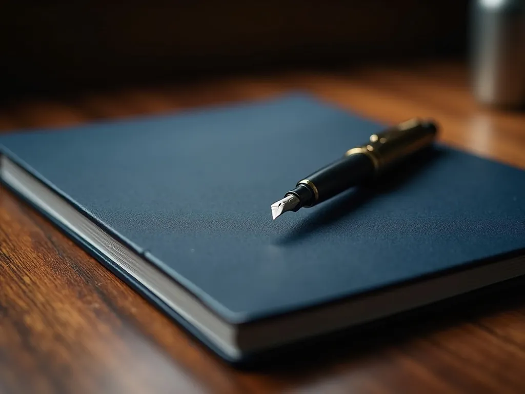 A closed document folder and pen on a walnut table