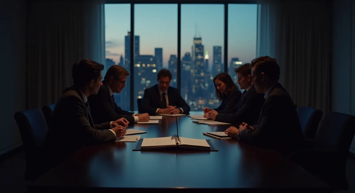 Executives in a serious evening meeting around a boardroom table